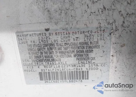 2021 Nissan Versa Sv Xtronic Cvt z USA, uszkodzony, nr VIN 3N1CN8EV5ML880478